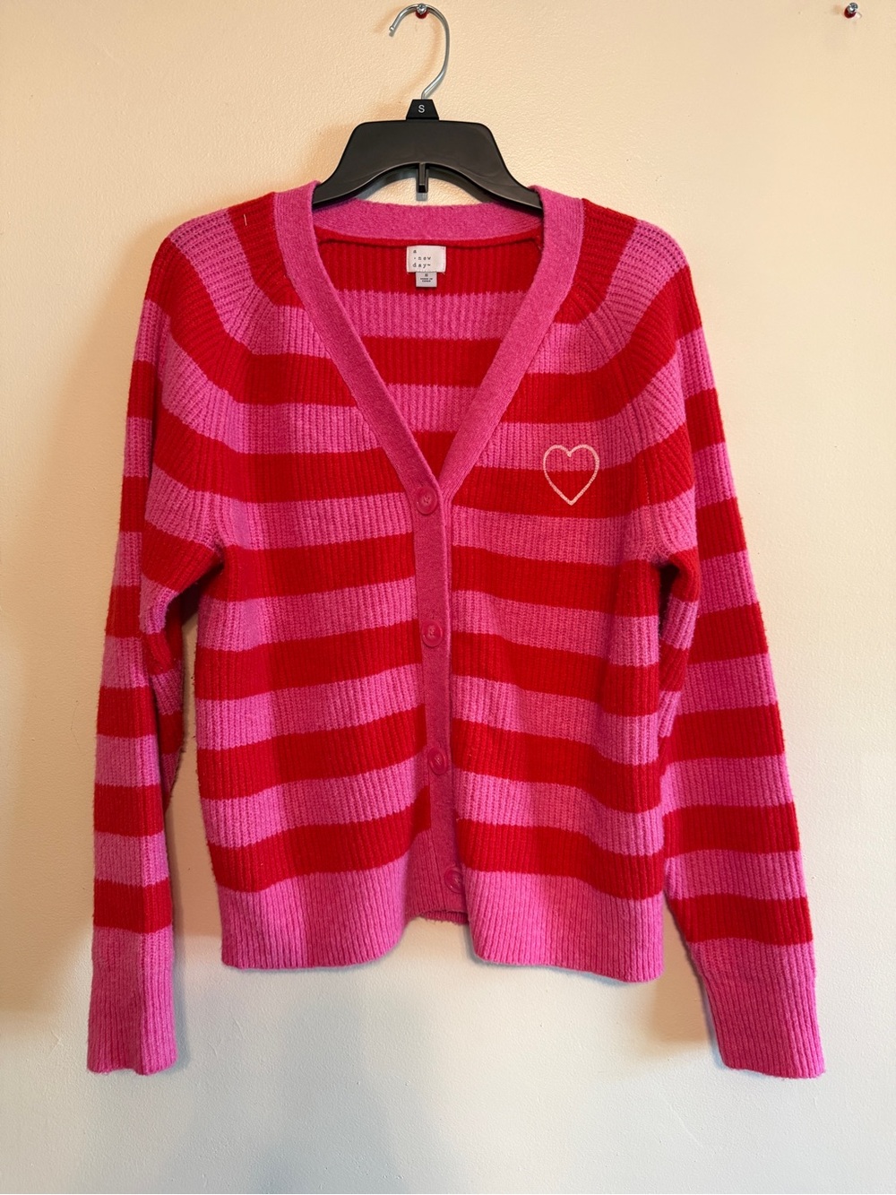 Striped Pink & Red V-Neck Cardigan with Heart Detail